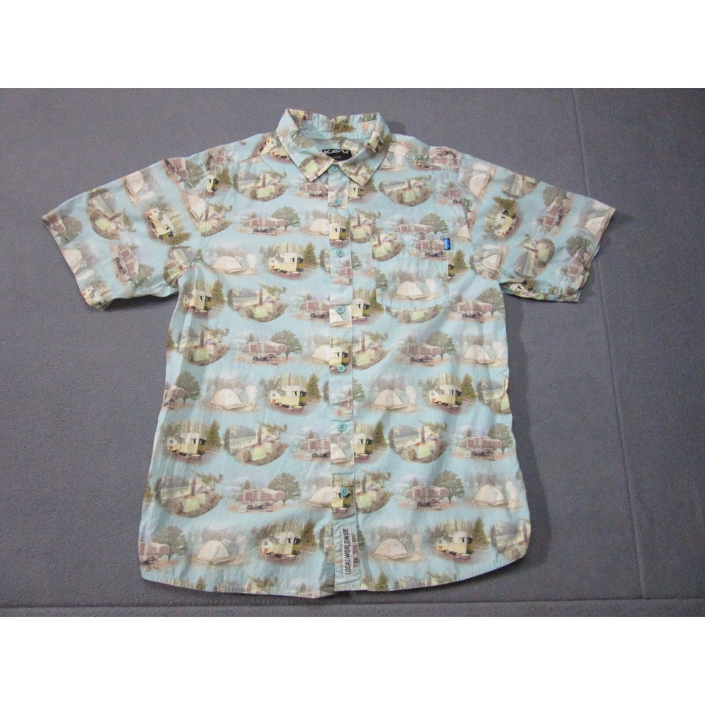 Kavu Shirt Mens Medium Blue Beige Outdoor Camping Trailers Tent Short Sleeve